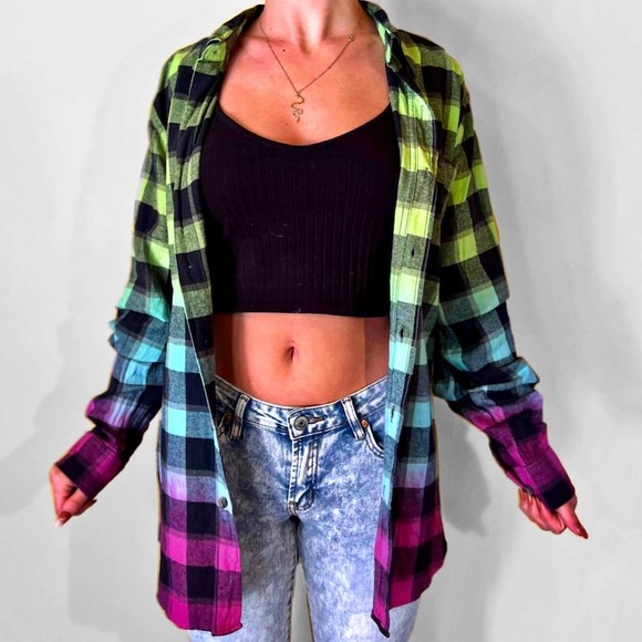 Oversized Tie Dye Plaid Flannel Shirt Dip Dye Gradient Green Blue Purple - Picture 4 of 5